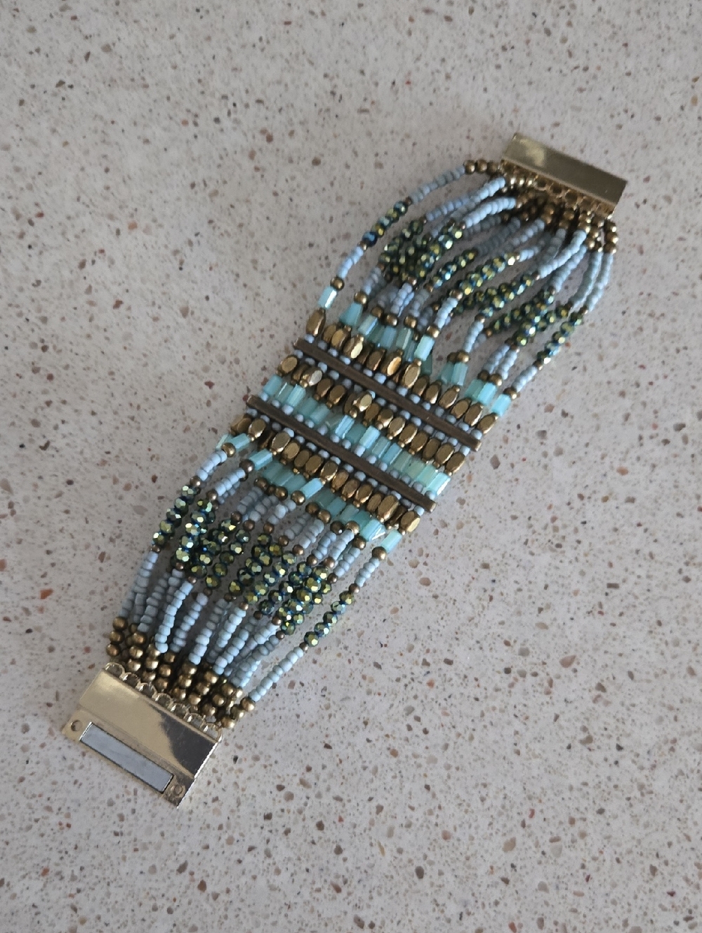 Gold/Mint Multi-Strand Bracelet With Metallic Green Beading